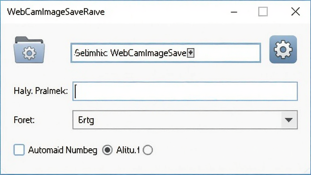 WebCamImageSave软件的设置面板截图,显示保存路径选择框、文件名前缀输入框、格式下拉菜单以及自动编号选项,背景为白色简洁界面,风格为商务办公风,细节包括文件夹图标和齿轮设置图标,画质清晰干净,无多余元素