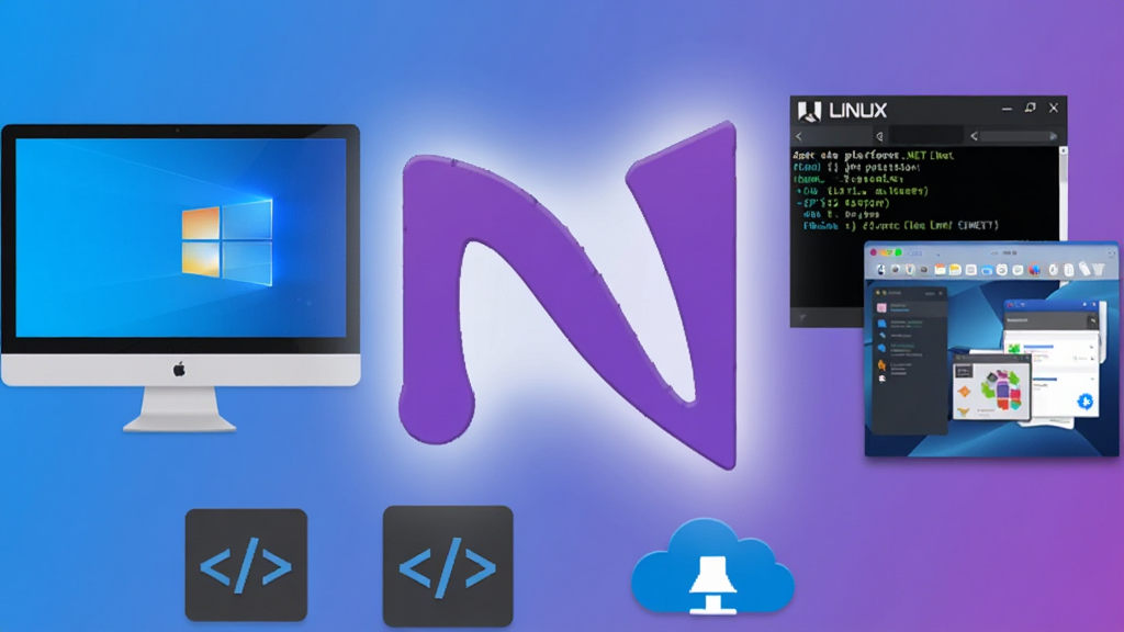 Microsoft .NET Core 官方标识与跨平台运行概念图,画面中央为发光的紫色 .NET 标志,左侧展示 Windows 电脑界面,右侧展示 Linux 终端与 macOS 窗口,底部排列代码图标与云服务图标,整体采用科技蓝紫渐变背景,扁平化风格,细节清晰,画质干净,无多余元素