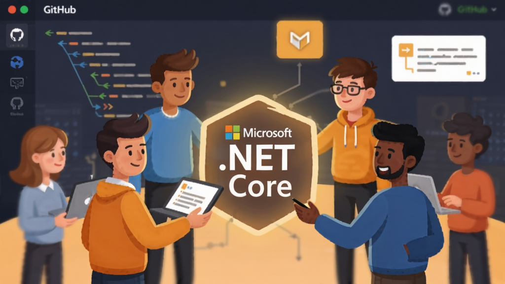 开源社区协作场景插画,画面中多个卡通开发者形象围绕发光的 Microsoft .NET Core 代码库协作,背景有 GitHub 风格的分支线条与合并请求图标,色调温暖明亮,扁平化设计,画质干净,无多余装饰