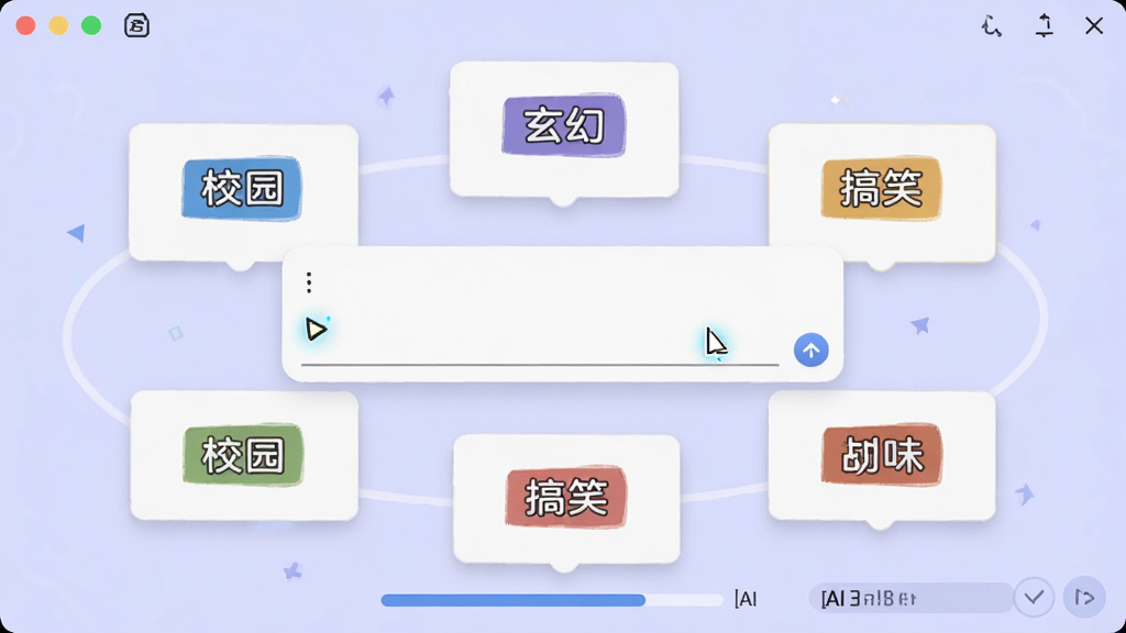 AI漫剧屋软件界面截图,画面中央是一个文本输入框,周围环绕着悬浮的剧本卡片,卡片上显示着不同题材的标签如校园、玄幻、搞笑,背景为柔和的浅紫色,风格为简洁明快的扁平化设计,细节包括闪烁的光标和AI生成进度条,画质清晰,画面干净,无多余元素