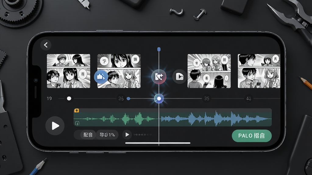 AI漫剧屋动态合成功能展示图,画面中一部手机横屏显示视频时间轴,时间轴上有多个漫画分镜缩略图,每个缩略图之间有转场特效图标,下方有音频轨道和配音波形,背景为深灰色工作台风格,细节包括播放按钮和导出按钮,画质高清,画面干净,无多余元素