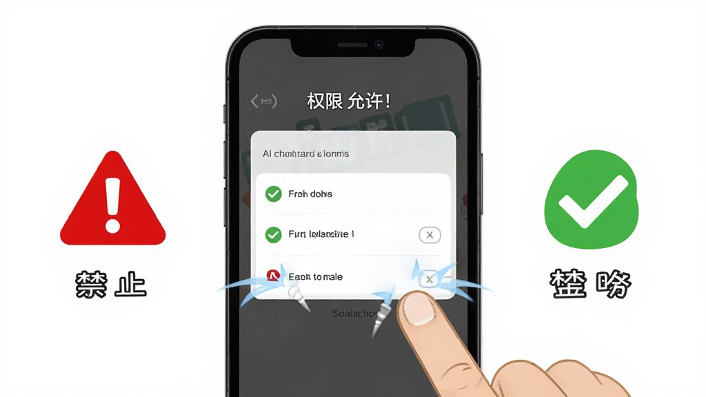 AI漫剧屋新手操作示意图,画面中一部手机屏幕显示权限设置界面,旁边有红色警告图标和绿色对勾图标分别标注禁止和允许的权限项,背景为白色简洁风格,细节包括手指点击屏幕的动画效果,画质清晰,画面干净,无多余元素