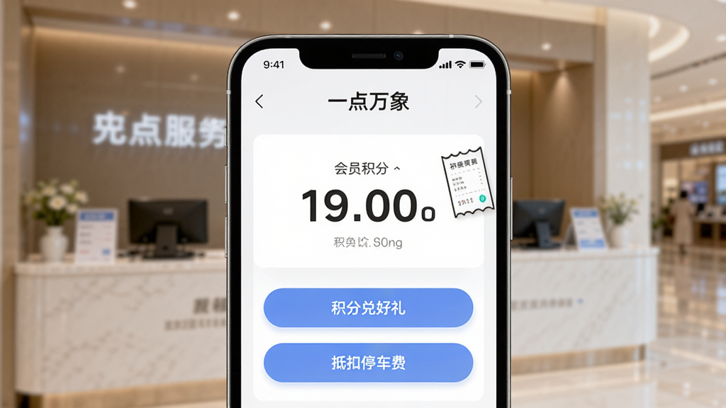 一部手机屏幕特写,画面中显示“一点万象”会员积分页面,数字积分醒目,下方有“积分兑好礼”和“抵扣停车费”按钮,背景虚化出商场服务台场景,布局居中,风格现代简洁,细节有积分变动小票图标,画质干净,无多余元素