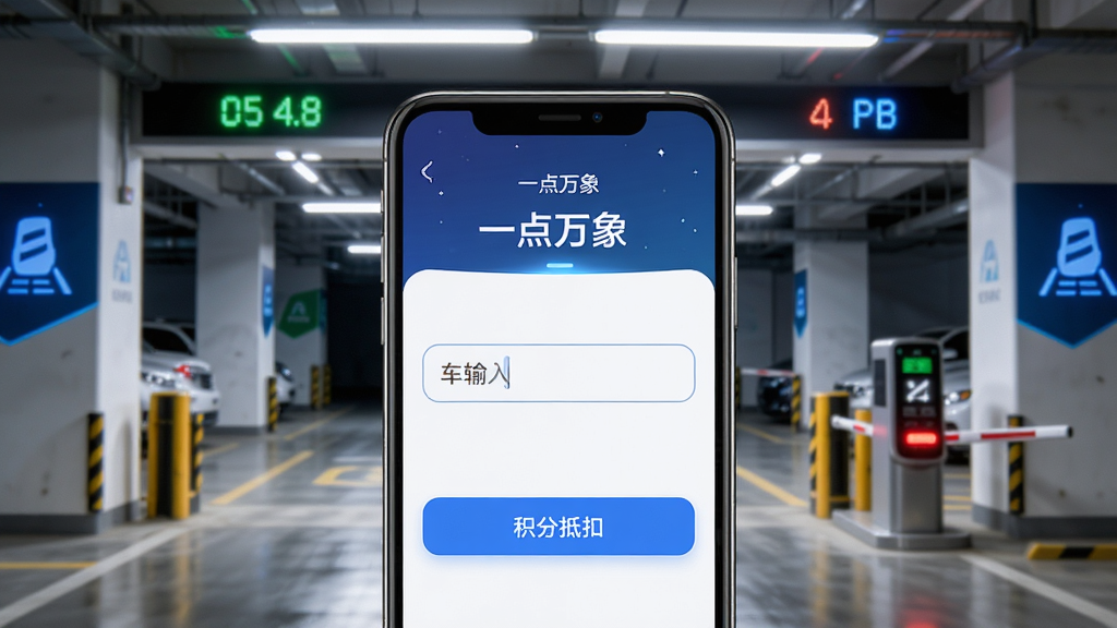 手机屏幕显示“一点万象”停车缴费界面,车牌输入框和积分抵扣选项清晰可见,背景为地下停车场入口,光线明亮,布局上下结构,风格科技感十足,细节有车位指示灯和道闸图标,画质清晰,干净,无多余元素