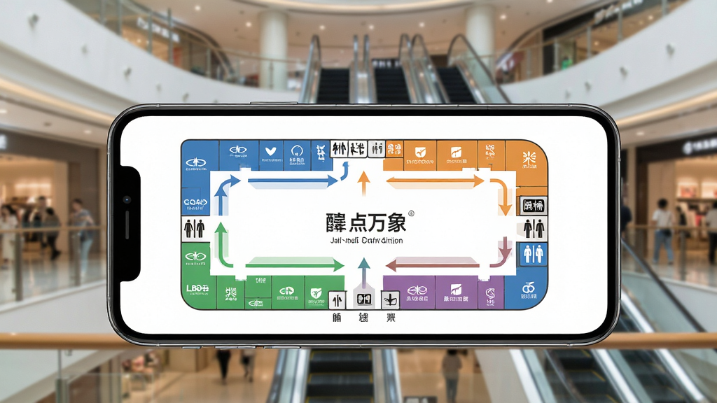 手机屏幕显示“一点万象”商场楼层地图,不同颜色标注各楼层业态,有路径指引箭头,背景是商场中庭扶梯,布局全屏地图模式,风格清新导视风,细节有店铺logo和洗手间图标,画质清晰,干净,无多余元素
