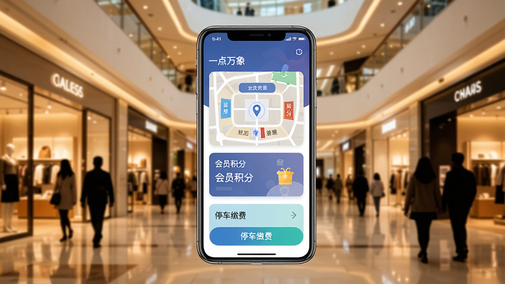 画面中心一部智能手机竖屏展示“一点万象”应用界面,界面包含商场地图导航、会员积分卡片和停车缴费按钮,背景是繁华的现代购物中心中庭,暖色调灯光,布局简洁明了,排版采用卡片式UI风格,细节包括店铺橱窗和行人剪影,画质清晰,干净,无多余元素