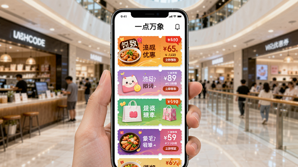 一部手机展示“一点万象”优惠券列表,多张色彩鲜艳的餐饮和购物券整齐排列,背景是商场餐饮楼层,布局采用瀑布流卡片,风格活泼促销风,细节有“立即领取”按钮和折扣标签,画质明亮,干净,无多余元素