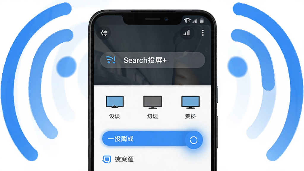 一部安卓手机屏幕显示“投屏+”应用正在搜索设备,下方列出三个电视图标名称,手机周围环绕WiFi信号符号,布局为手机居中、设备列表在下方,排版简洁,风格为现代UI展示图,细节包括蓝色高亮连接按钮和清晰的字体,画质高清干净无多余元素