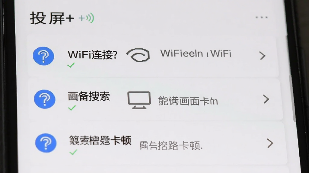 一部安卓手机显示“投屏+”的常见问题帮助页面,页面列出WiFi连接、设备搜索、画面卡顿等条目,布局为手机屏幕特写,排版清晰,风格为扁平化UI截图,细节包括蓝色问号图标和简洁文字,画质干净无多余元素