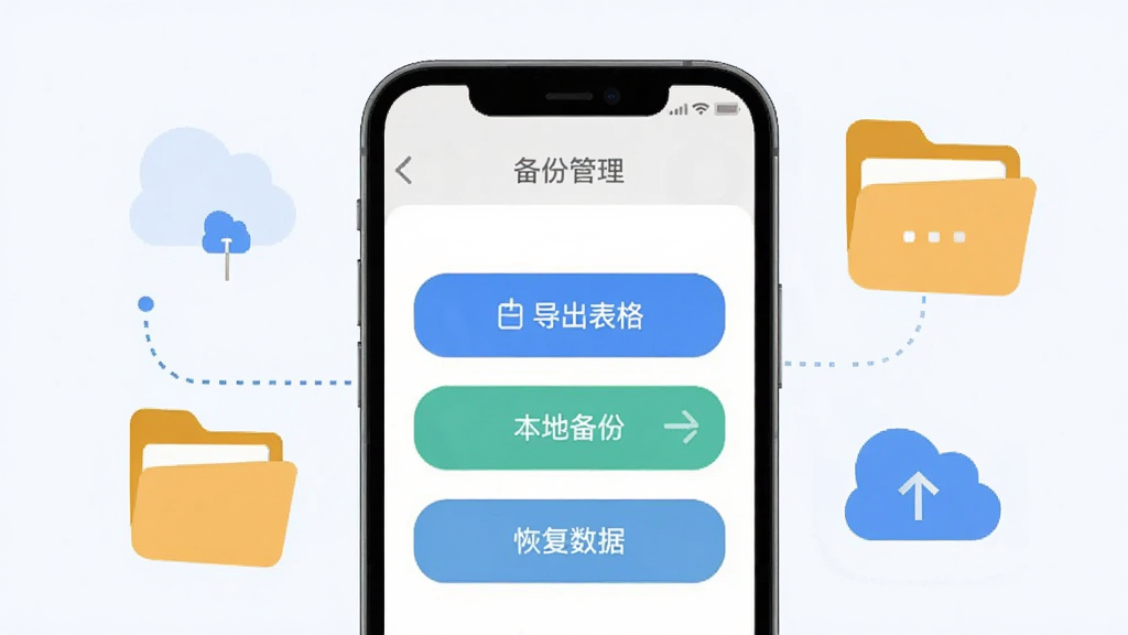 咔咔记数据备份与导出功能示意图,手机屏幕显示备份管理界面,包含导出表格、本地备份、恢复数据等按钮,画面中有云朵和文件夹的抽象图标点缀,风格扁平化设计,画质干净整洁