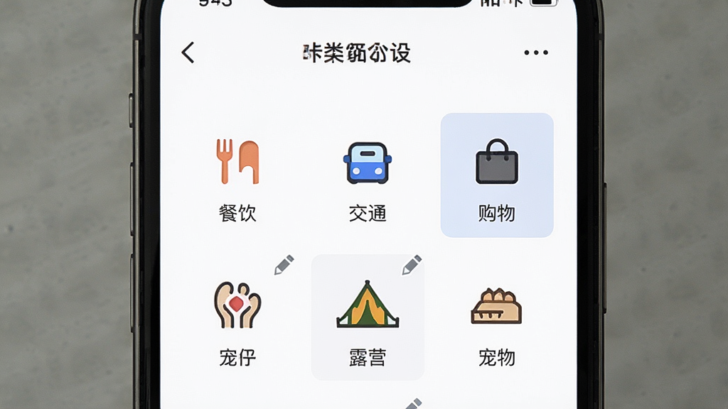 咔咔记分类自定义设置界面,手机屏幕展示分类管理页面,包含餐饮、交通、购物、宠物、露营等图标,部分图标处于编辑状态,背景为纯白色,风格清爽极简,画质清晰无杂乱元素
