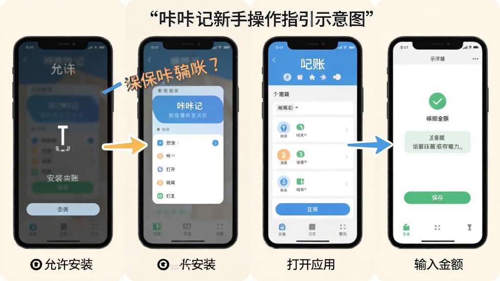 咔咔记新手操作指引示意图,画面展示手机屏幕从安装到记账的四个步骤截图,分别对应允许安装、打开应用、输入金额、保存成功,每个步骤配有简洁的箭头和文字标注,风格扁平化教学图,画质清晰,背景为浅色