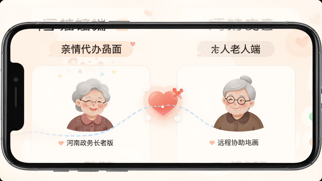 展示河南政务长者版亲情代办界面,手机屏幕显示子女端与老人端账号关联示意图,中间有爱心连接图标,界面风格温馨柔和,文字标注亲情账号与远程协助,画质清晰干净无多余装饰