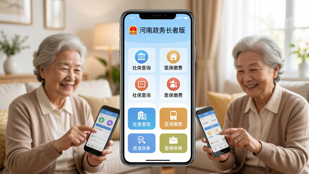 手机屏幕中央展示河南政务长者版应用主界面,大字体大图标排列,首页顶部显示河南政务长者版字样,背景为浅蓝色政务风格,界面清晰简洁,下方有社保查询医保缴费等大按钮,周围有老年人手持手机微笑操作,客厅环境温暖明亮,画质清晰干净无多余元素