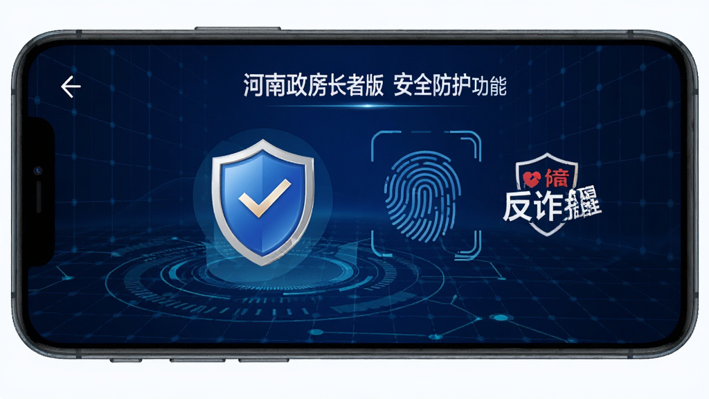 河南政务长者版安全防护功能界面,手机屏幕显示盾牌安全图标与指纹识别图案,背景为深蓝色科技感网格,界面文字标注隐私保障与反诈提醒,画质清晰锐利无多余元素