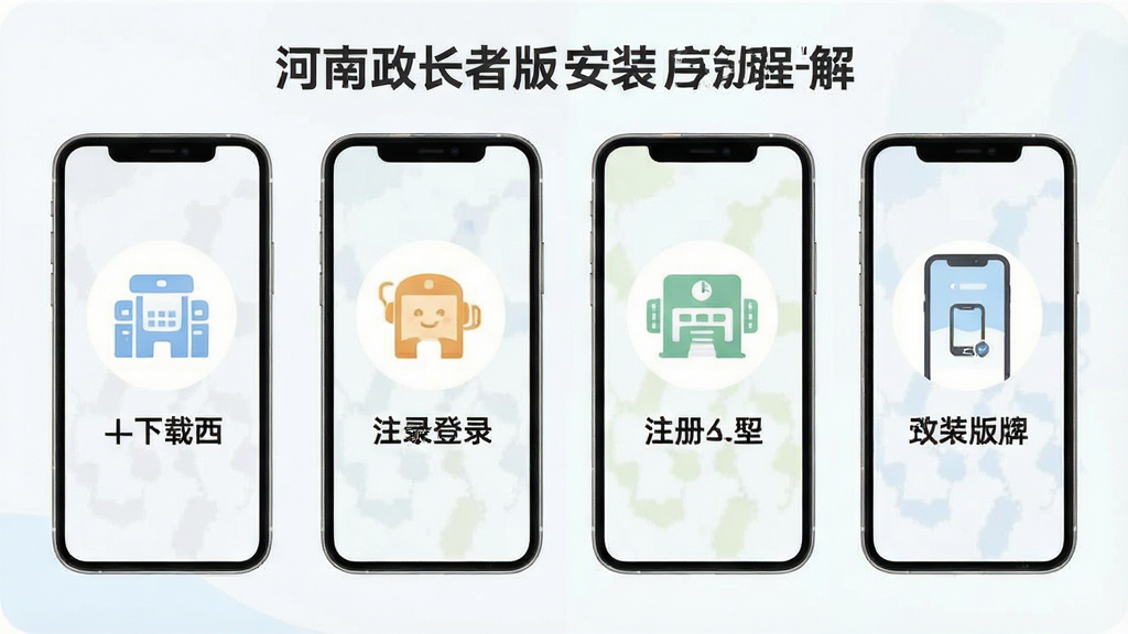 河南政务长者版安装使用流程图解,手机屏幕展示下载安装注册登录四个步骤,每步配大图标与简短文字说明,整体风格简洁清晰,色彩柔和,画质干净无杂乱元素
