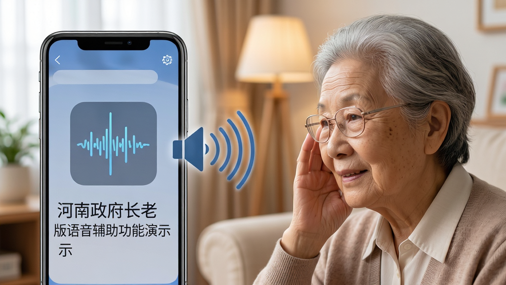 河南政务长者版语音辅助功能演示,手机屏幕显示语音播报波形图标,旁边有扬声器发出声波示意,界面文字大而清晰,老年用户侧耳倾听,背景为温馨家居环境,画质细腻干净无杂乱元素
