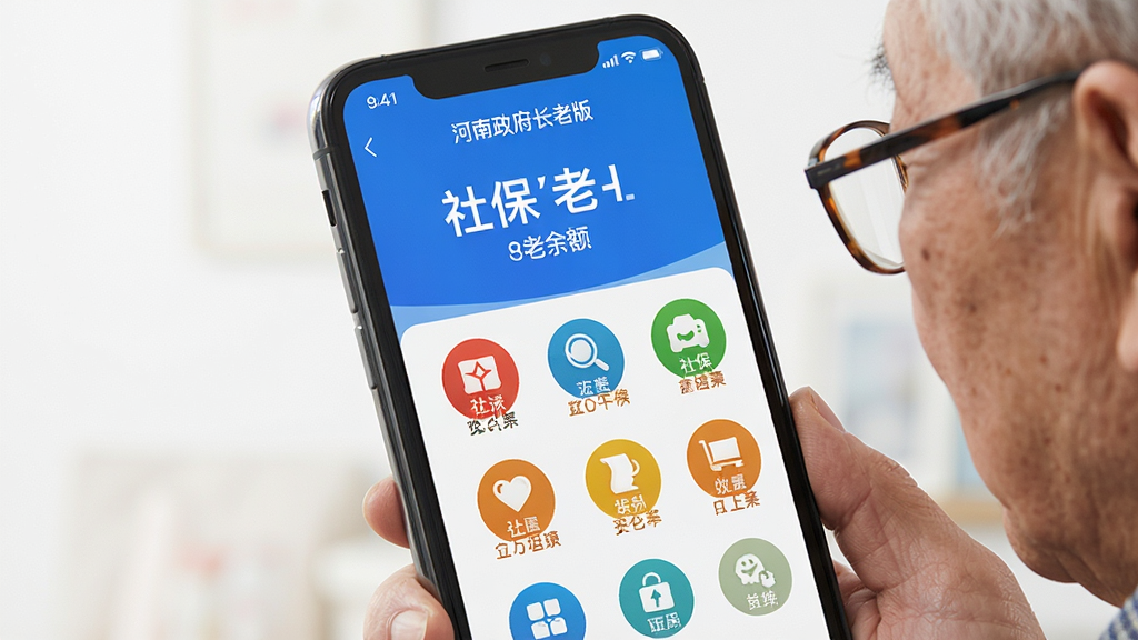 手机界面展示河南政务长者版适老化设计,超大字体显示社保余额,大图标按钮排列整齐,高对比度配色,老年用户戴老花镜轻松阅读,界面干净无广告,画质清晰明亮,主体突出