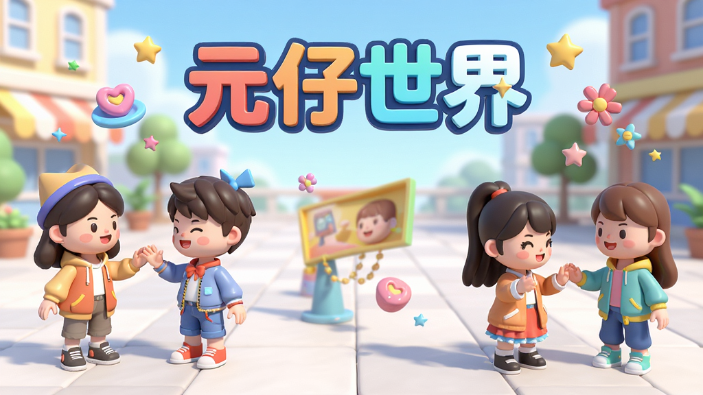 画面中央是一个充满活力的虚拟社交广场,主体为几个造型可爱的3D卡通角色正在互动,布局上角色分布错落有致,排版采用中心聚焦方式,风格为明亮活泼的二次元3D渲染,细节包括角色丰富的服饰搭配、表情动作和周围漂浮的装饰元素,画面中醒目位置写着“元仔世界”四个字,画质为高清4K,干净整洁,无多余元素