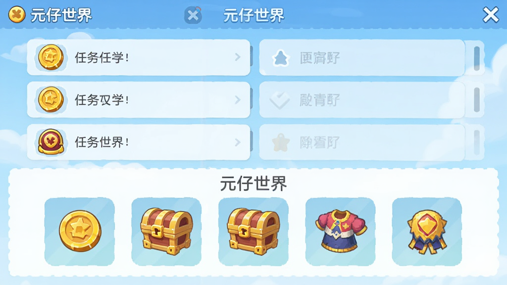 画面主体为一个任务奖励领取界面,布局上方为任务列表,下方为奖励图标,排版简洁明了,风格为清新游戏UI,细节包括金币、宝箱、服饰图标等元素,画面中写有“元仔世界”,画质高清,干净整洁