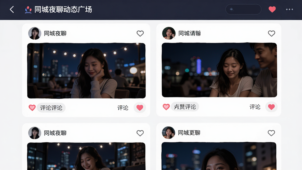 主体是同城夜聊动态广场页面,布局为瀑布流信息流排版,风格为清新夜间社交风,细节包括用户头像、配图、点赞爱心图标、评论气泡,画面干净高清无多余元素