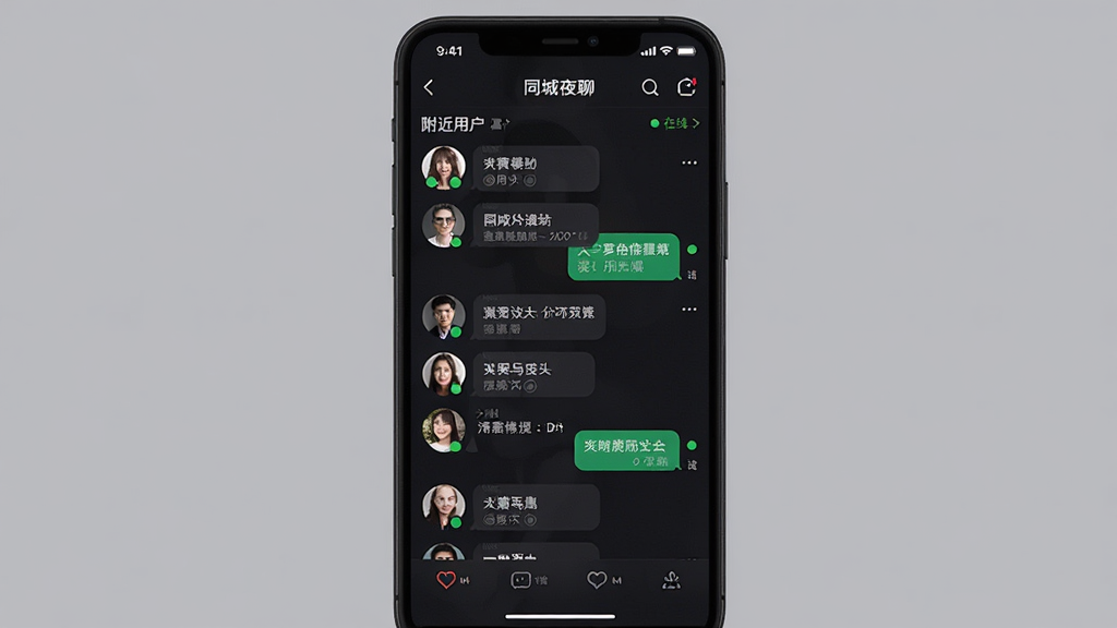 主体是同城夜聊软件界面截图,布局为手机屏幕居中展示,排版采用竖版构图,风格为暗色夜间社交风,细节包括附近用户头像列表、聊天气泡、在线状态标识,画面干净整洁无多余元素,高清画质