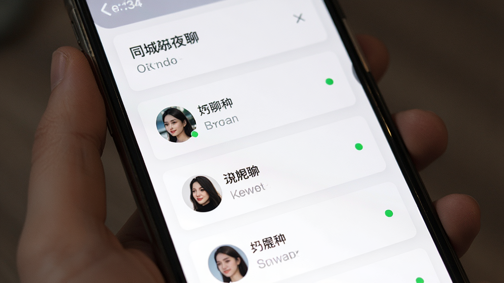 主体是手机屏幕显示同城夜聊附近的人列表,布局为纵向滚动卡片式排列,排版简洁清晰,风格为现代社交应用界面,细节包含距离标签、头像、昵称、在线绿点,画质高清干净无多余元素