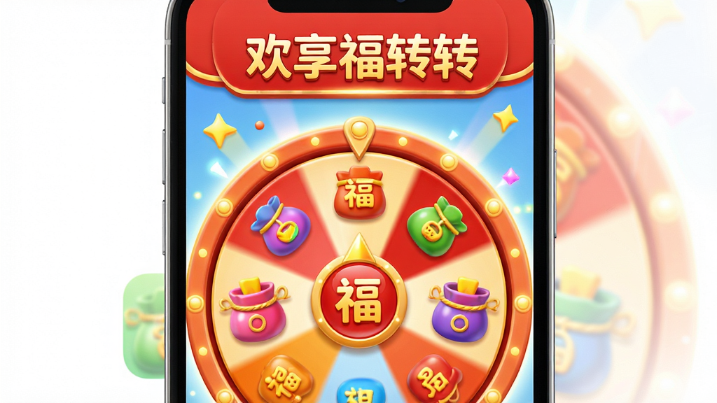 主体是一个明亮的手机屏幕,屏幕上显示着“欢享福运转”的应用界面,界面中有旋转的幸运大转盘和五彩缤纷的福袋图标。布局采用中心对称构图,手机居中放置。排版整洁,应用图标和文字清晰可见。风格为3D卡通渲染,色彩鲜艳活泼,以红色和金色为主色调。细节上,转盘边缘有光效,福袋有轻微的高光反射。画质高清,干净,无多余元素。