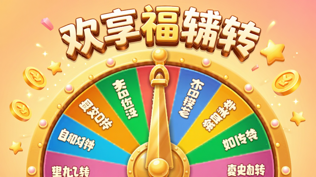 画面中央是一个巨大的金色幸运大转盘,转盘被分成多个彩色扇形区域,每个区域里写着不同的奖品名称。转盘上方悬浮着“欢享福运转”的立体字样。布局为居中特写,背景是柔和的渐变暖色调。风格为Q版卡通,转盘指针带有金属光泽。细节上,转盘周围散落着金币和星星特效。画质清晰,干净,无多余元素。