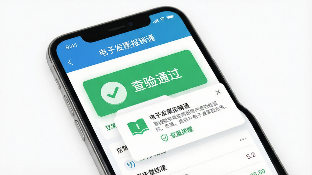 一张展示“电子发票报销通”应用界面的图片,画面中手机屏幕显示发票查验结果页面,屏幕上有绿色的“查验通过”标识和查重提醒弹窗;背景为简洁的白色;采用清新简约的扁平化风格,色彩以绿色和蓝色为主;细节上突出查验结果图标和文字;画质高清,画面干净,无多余元素