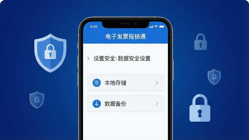 一张展示“电子发票报销通”应用界面的图片,画面中手机屏幕显示数据安全设置页面,有“本地存储”和“数据备份”选项,屏幕周围有盾牌和锁的图标;背景为深蓝色渐变;采用安全可靠的扁平化风格,色彩以蓝色和白色为主;细节上突出安全图标和文字;画质高清,画面干净,无多余元素