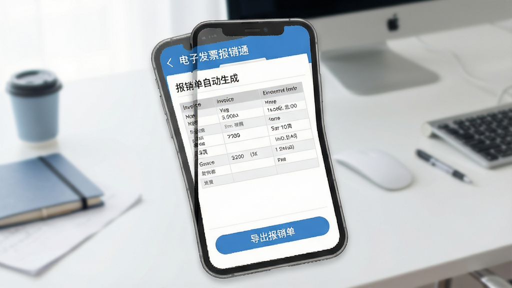 一张展示“电子发票报销通”应用界面的图片,画面中手机屏幕显示报销单自动生成页面,表格中已填充发票信息,屏幕下方有“导出报销单”按钮;背景为整洁的办公桌面;采用简洁商务的扁平化风格,色彩以蓝色和灰色为主;细节上突出报销单表格和导出按钮;画质高清,画面干净,无多余元素