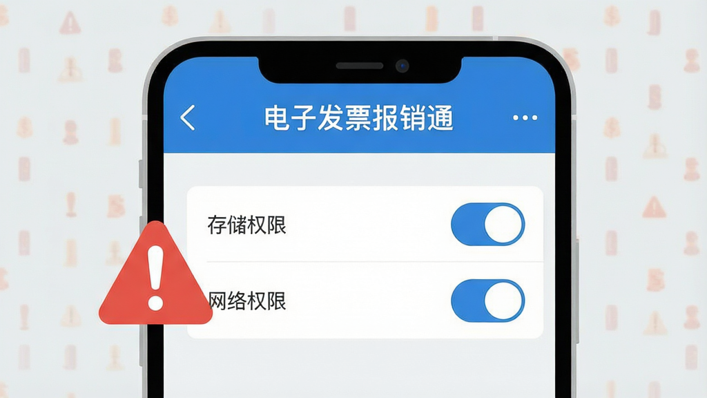 一张展示手机屏幕的图片,画面中手机显示“电子发票报销通”的权限设置界面,有存储权限和网络权限的开关选项,旁边有一个醒目的红色感叹号提醒图标;背景为简洁的浅灰色;采用清晰明了的扁平化风格,色彩以蓝色和红色为主;细节上突出权限开关和提醒图标;画质高清,画面干净,无多余元素