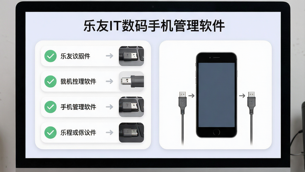 电脑屏幕上显示手机管理软件的使用教程页面,画面左侧为步骤列表,右侧为手机连接示意图,页面顶部有