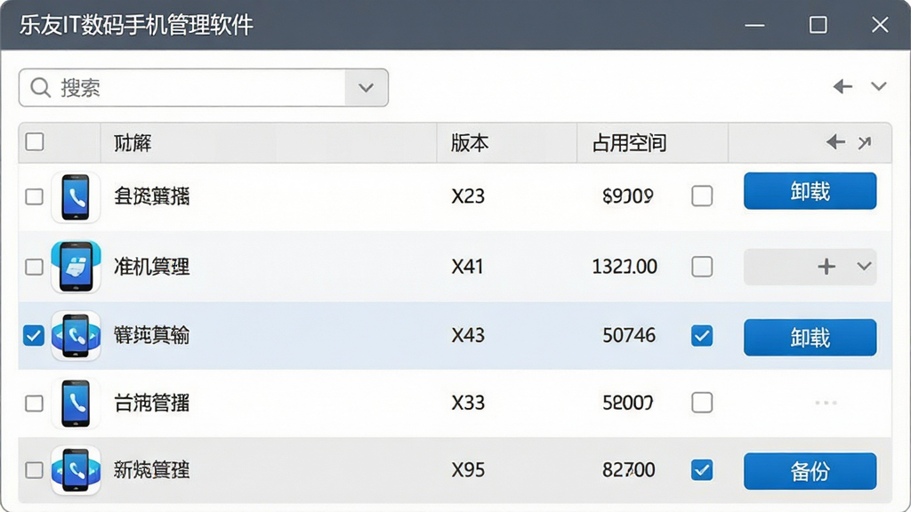 电脑端应用管理列表界面,表格中列出多个手机应用图标、名称、版本号与占用空间,部分行被勾选,右侧有卸载与备份按钮,顶部标题为