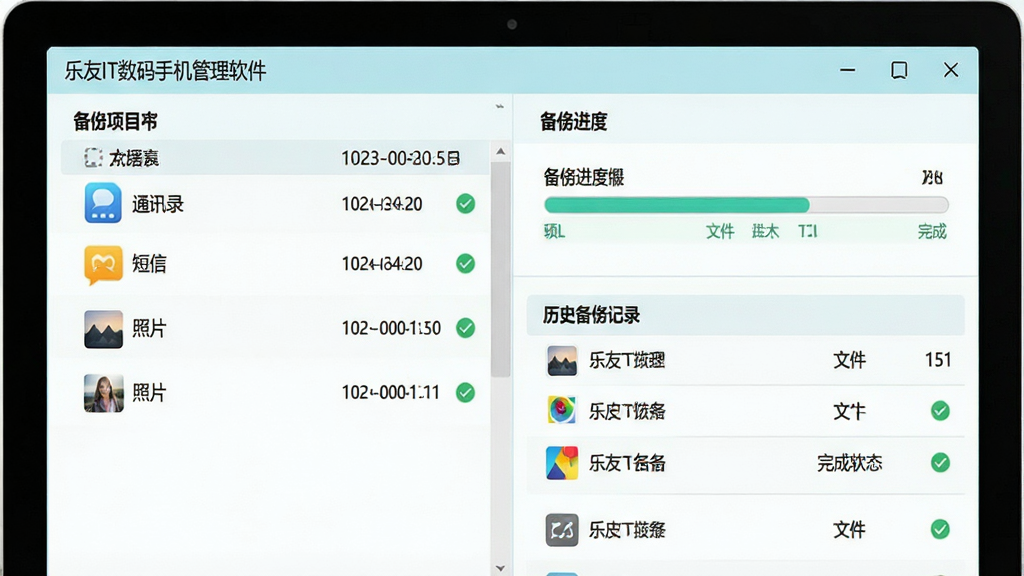 电脑屏幕显示数据备份与恢复界面,左侧为备份项目列表如通讯录、短信、照片,右侧为备份进度条与历史备份记录,顶部有