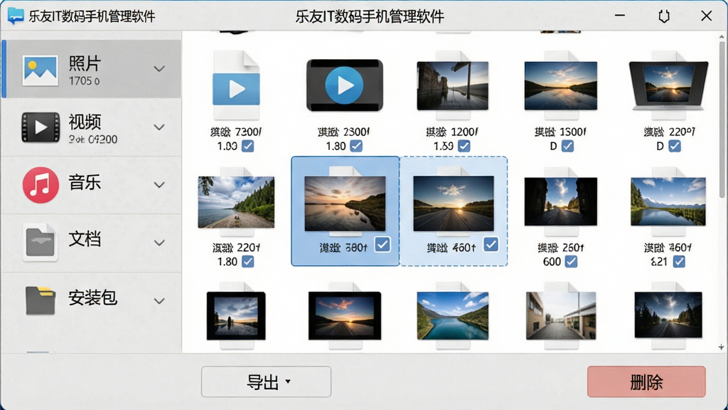 电脑屏幕显示文件分类管理界面,左侧为分类标签如照片、视频、音乐、文档、安装包,右侧为缩略图网格,顶部有