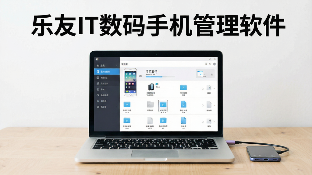 一台银色笔记本电脑放在浅色木质桌面上,屏幕中显示手机管理软件界面,左侧为功能菜单栏,右侧为设备信息与文件列表,旁边放着一部安卓手机并用数据线连接电脑,桌面整洁,画面中央上方有醒目标题文字