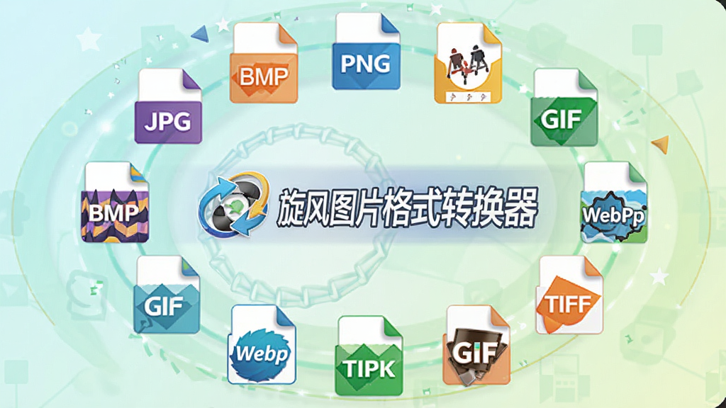 一张展示旋风图片格式转换器格式支持范围的示意图,画面中央是软件名称“旋风图片格式转换器”的Logo,周围环绕着各种图片格式的图标如JPG、PNG、BMP、GIF、WebP、TIFF等,图标以环形排列,风格简洁明快,配色清新,画质高清,干净无多余元素