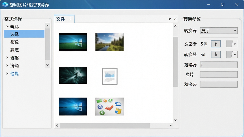 一张清晰的软件界面截图,主体是一个简洁的Windows桌面应用窗口,窗口标题栏显示“旋风图片格式转换器”,界面布局分为左侧格式选择区、中间文件列表区和右侧转换参数设置区,背景采用干净的浅灰色,窗口内展示了几张示例图片缩略图,整体风格现代简约,画质高清,干净无多余元素