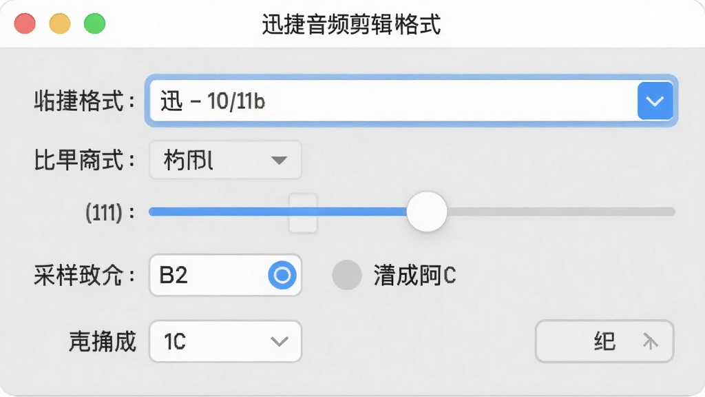 一张展示迅捷音频剪辑软件格式转换设置窗口的图片,窗口内包含格式下拉菜单、比特率滑块、采样率选项和声道选择按钮,背景为浅灰色,界面元素排列整齐,风格清爽,画质干净无杂乱元素