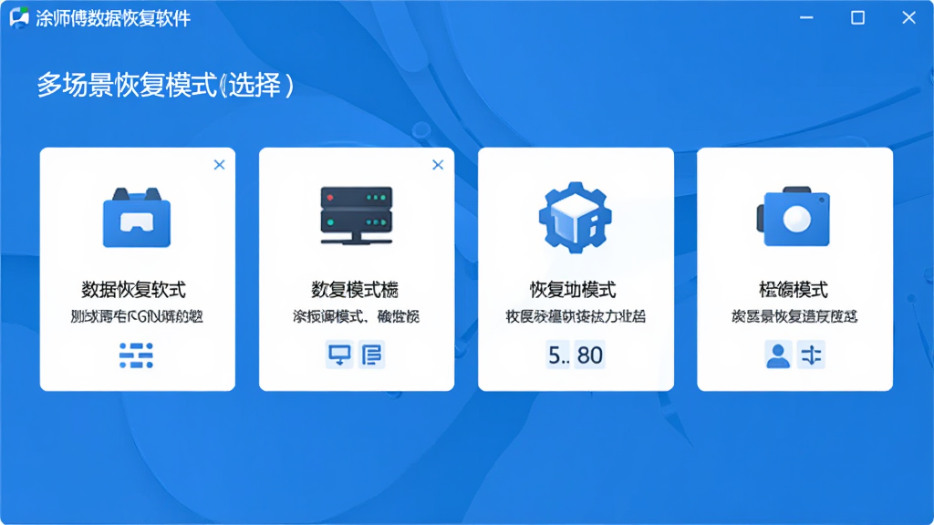 涂师傅数据恢复软件中多场景恢复模式选择界面的图片,主体为软件功能选择面板,布局为四个恢复模式卡片横向排列,排版整齐,风格为扁平化科技蓝配色,细节包括每个模式配有图标和文字说明,画质清晰,干净,无多余元素