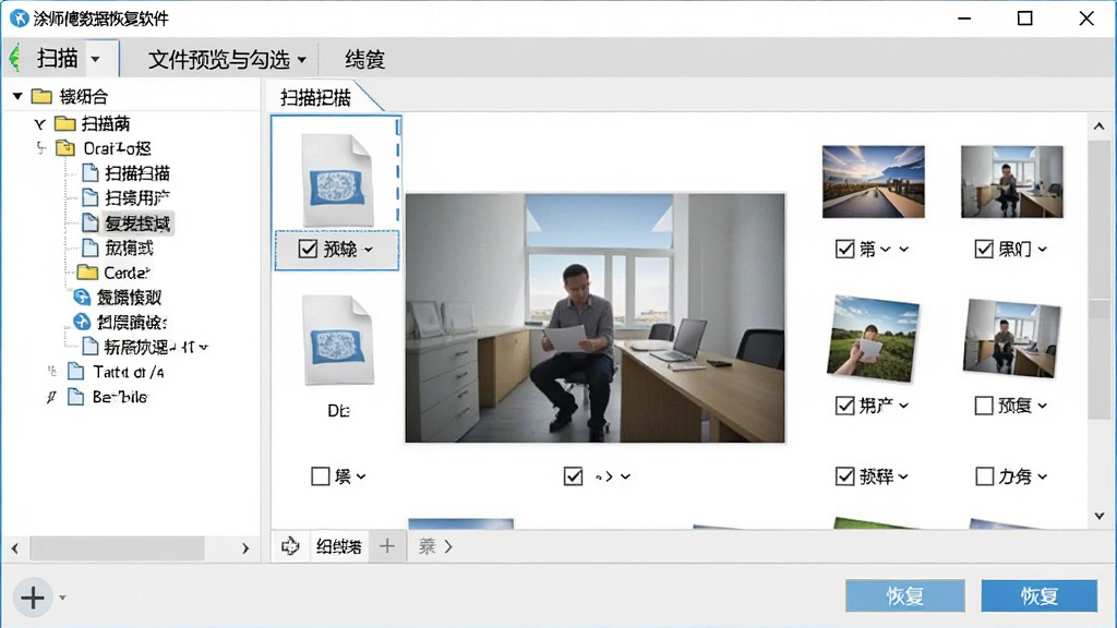 涂师傅数据恢复软件文件预览与勾选界面的图片,主体为软件窗口展示扫描出的文件列表,布局为左侧目录树、右侧文件缩略图预览,排版清晰,风格为现代办公软件风格,细节包括图片预览窗口、文件勾选框、恢复按钮,画质高清,干净,无多余元素