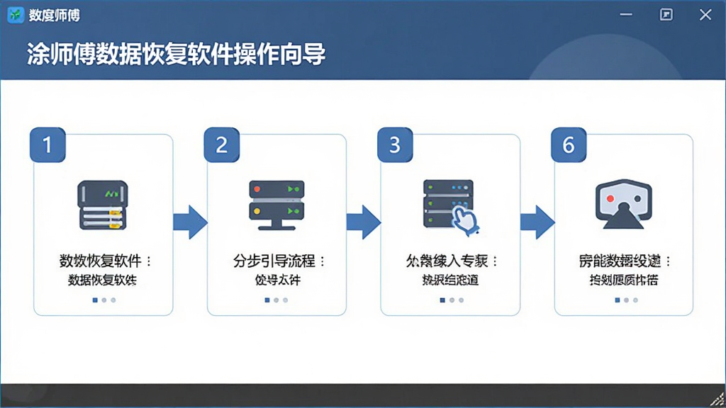 涂师傅数据恢复软件操作向导界面的图片,主体为软件分步引导流程,布局为四个步骤横向排列并带有箭头连接,排版直观,风格为扁平化设计,细节包括步骤编号、图标、文字说明,画质清晰,干净,无多余元素