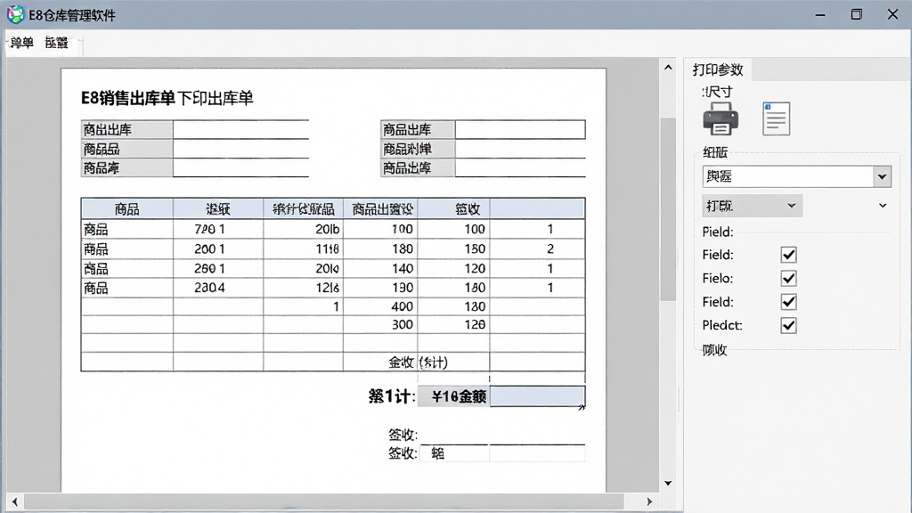 一张展示E8仓库管理软件单据打印设置界面的图片,画面中为软件窗口,窗口内显示销售出库单模板预览,包含表头、商品明细表格、合计金额与签收栏,右侧有打印参数设置面板,布局为左预览右设置,排版清晰,风格为办公实用风,细节上可见打印机图标、纸张尺寸选项、字段勾选框,画质清晰,画面干净整洁,无多余元素