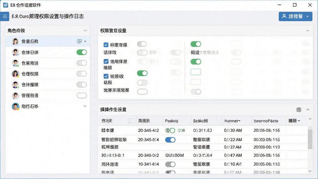 一张展示E8仓库管理软件权限设置与操作日志界面的图片,画面主体为软件窗口,左侧为角色列表,右侧为权限勾选面板与操作日志表格,布局为左右结构,排版规整,风格为简约管理风,细节上可见用户头像、权限开关、时间戳记录,画质清晰,画面干净,无多余装饰