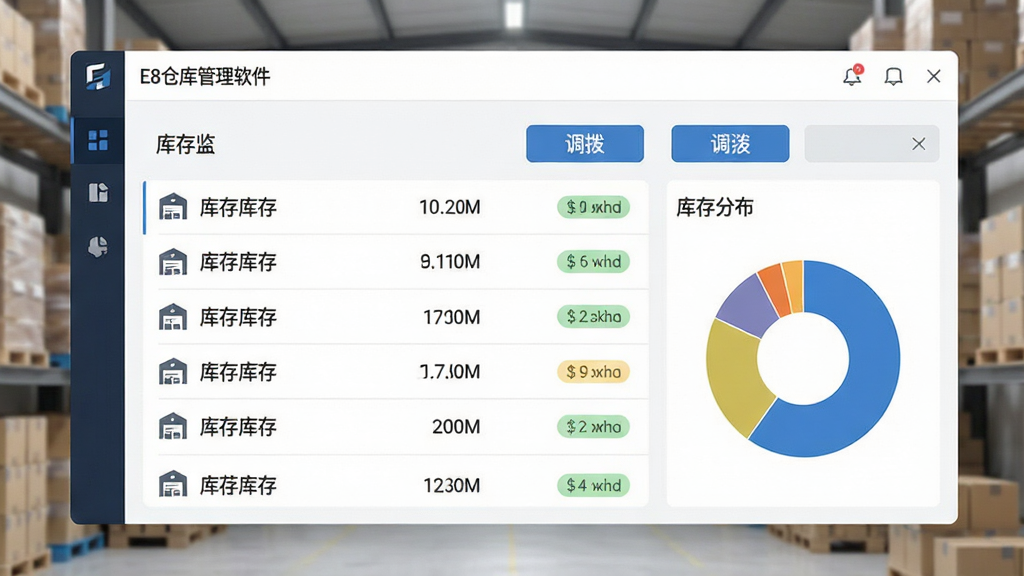 一张展示E8仓库管理软件多仓库管理界面的图片,画面主体为软件窗口,窗口内以列表形式展示多个仓库名称及对应库存数量,旁边有调拨按钮与库存分布饼图,布局为左右分栏,排版整齐,风格为清爽商务风,细节上可见仓库图标、数量数字、状态标签,画质清晰,画面干净,无多余元素