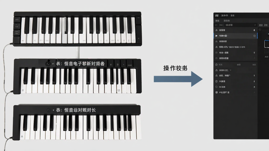 恒音电子琴新手操作示意图,画面左侧是电脑键盘与琴键映射对照表,右侧是软件设置界面局部,中间用箭头标注操作顺序,背景为浅灰色,风格清晰直观,画质干净,无多余元素