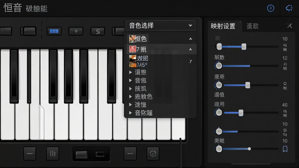 恒音电子琴功能界面截图,画面中展示音色选择下拉菜单与键盘映射设置面板,左侧是琴键排列示意,右侧是参数调节滑块,整体界面以深色为主,文字标注清晰,风格简洁专业,画质干净,无多余元素