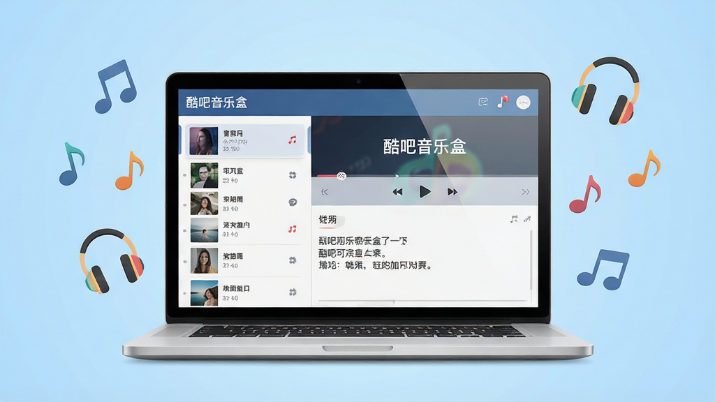 画面中央摆放一台打开的笔记本电脑,屏幕上显示“酷吧音乐盒”主界面,界面包含歌曲列表、播放控制栏与歌词区域,周围环绕悬浮的音乐符号、耳机、音符图标,背景为浅蓝色渐变,布局采用居中构图,风格为现代扁平化科技风,细节上屏幕反光自然、图标边缘清晰,画质为高清2K,干净整洁,无多余元素